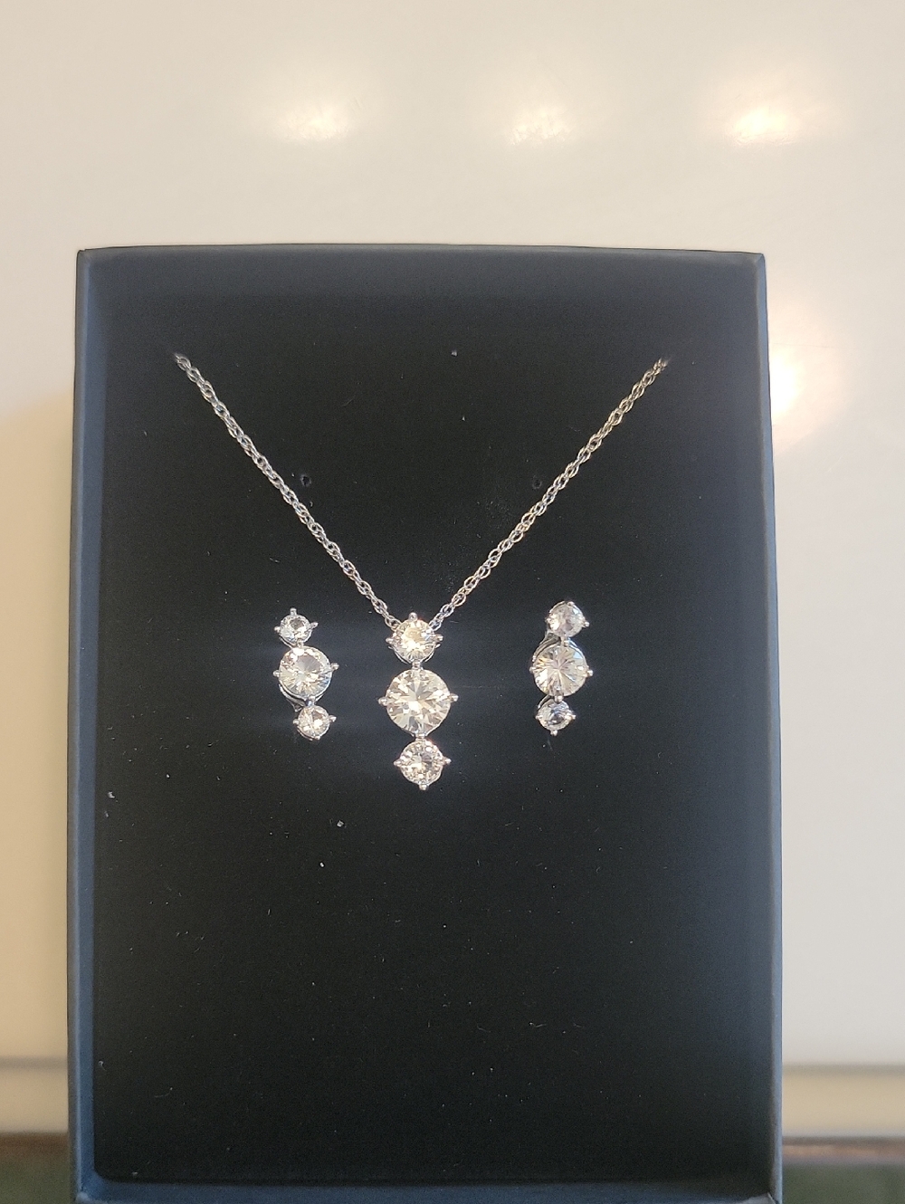 Silver Crystal Pendant Necklace and Earrings Set - White